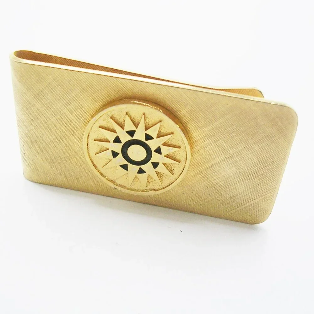 Vintage gold tone Money Clip Vergina Sun Symbol black Enamel